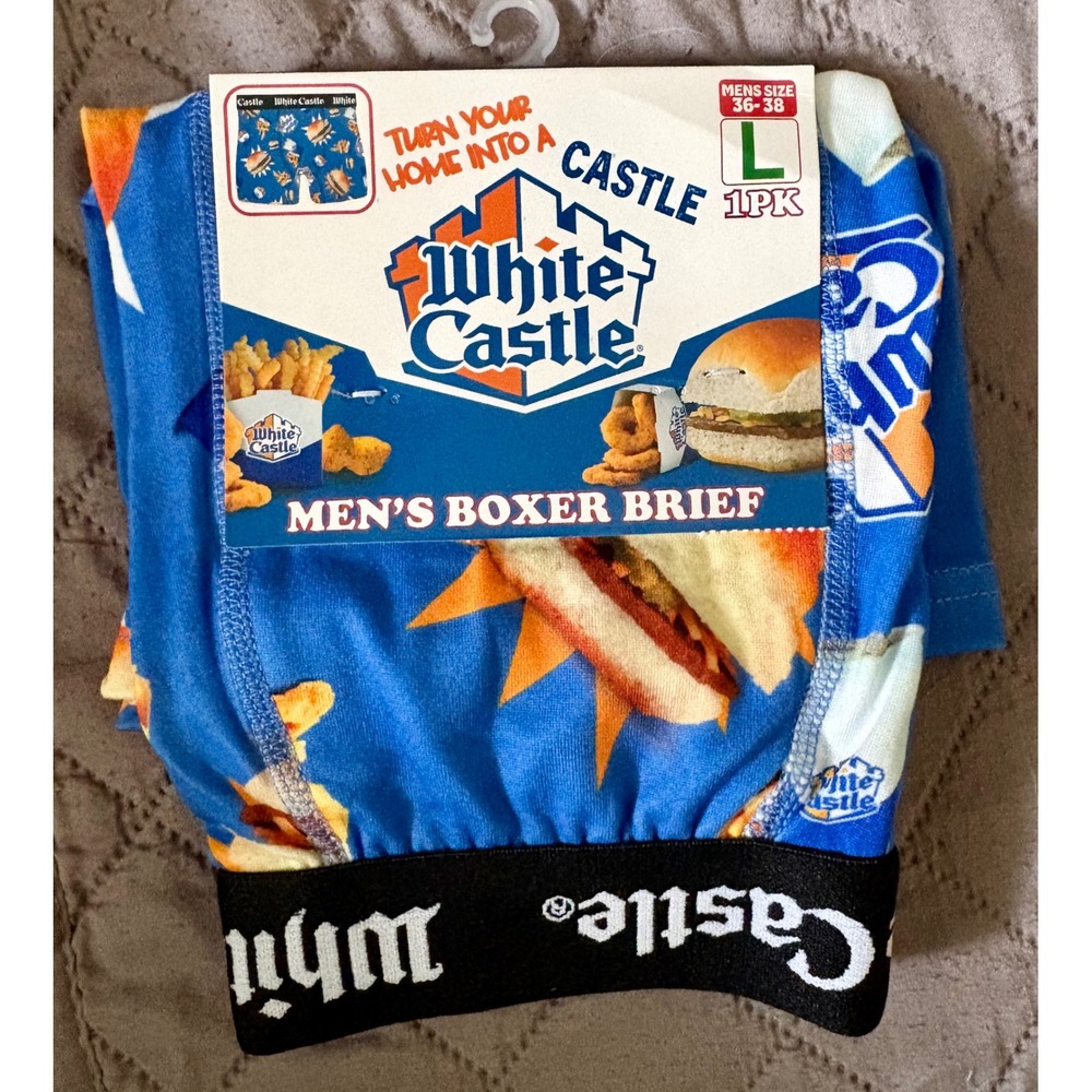 White Castle Mens Boxer Brief Large 36-38 Blue Fast Food Sliders Fries Novelty